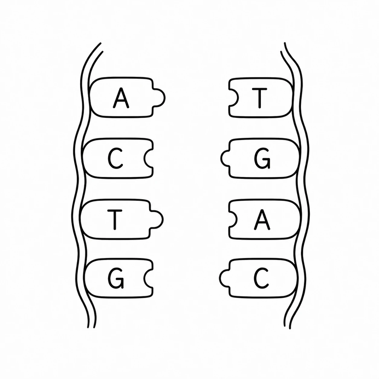 Black ink drawing of separated DNA backbones with four matching base pairs aligned across a gap.